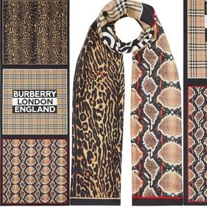 BURBERRY ANIMAL & CHECK PRINT LOGO SILK SCARF